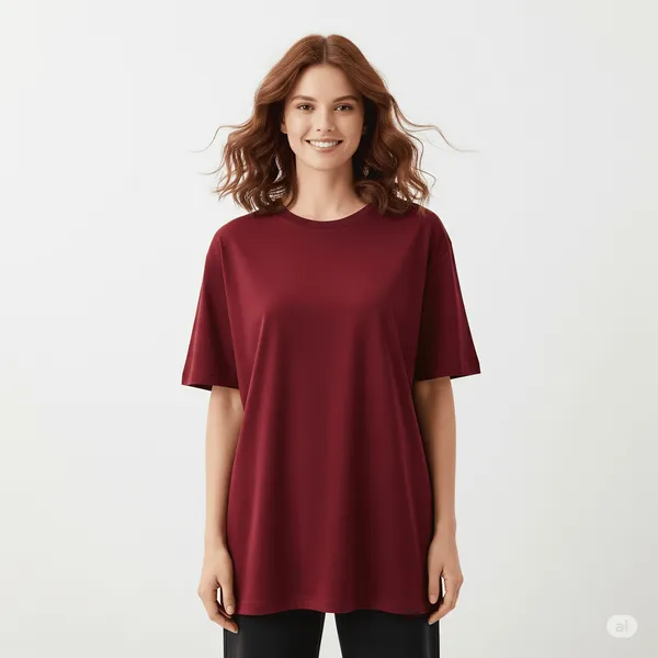 Maroon_Cotton_Premium_Oversized_Fit_Crew-Neck_Essential_Comfort_Tee_T-Shirt_For_Women