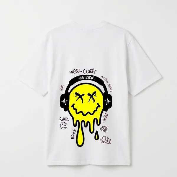 White_Cotton_Premium_Melting_Smiley_Headphones_Graphic_Tee_T-Shirt_For_Women