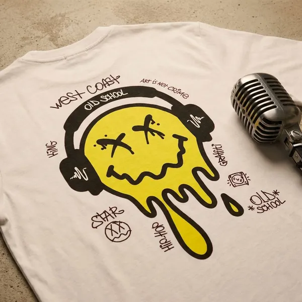 White_Cotton_Premium_Melting_Smiley_Headphones_Graphic_Tee_T-Shirt_For_Women