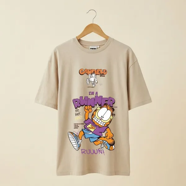 Beige_Cotton_Premium_Garfield_I'M_A_Runner_Graphic_Oversized_T-Shirt_For_Women
