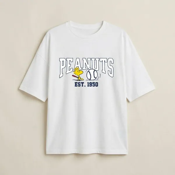 White_Cotton_Premium_Peanuts_Baseball_Graphic_Oversized_T-Shirt_For_Women