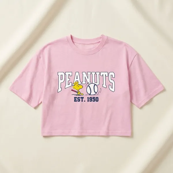 Pink_Cotton_Premium_Peanuts_Baseball_Graphic_Cropped_T-Shirt_For_Women