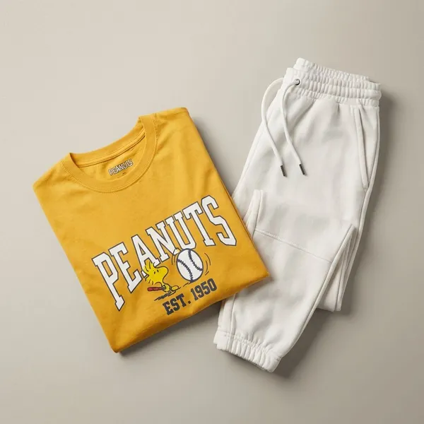 Yellow_Cotton_Premium_Peanuts_Baseball_With_SweatpantsWith__Outfit_Style_Crop_Top_For_Women