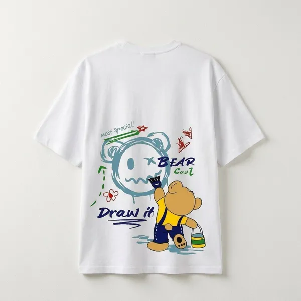 White_Cotton_Premium_Doodle_Bear_Graphic_Oversized_Dress_Unique_Style_T-Shirt_For_Women