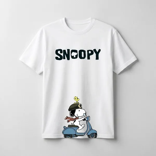 White_Cotton_Premium_Snoopy_Scooter_Graphic_Oversized_Peanuts_T-Shirt_For_Women