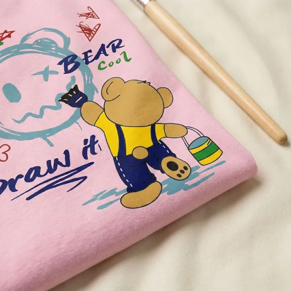 Pink_Cotton_Premium_Doodle_Bear_Graphic_Cropped_T-Shirt_For_Women