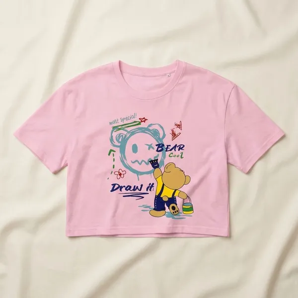 Pink_Cotton_Premium_Doodle_Bear_Graphic_Cropped_T-Shirt_For_Women