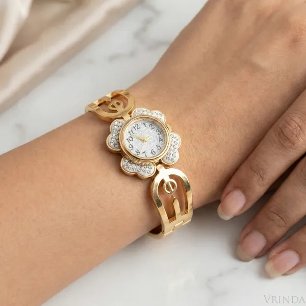Gold_Plated_22_K_Flower_Motif_Bangle_Watch_Bracelet_For_Women