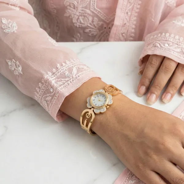 Gold_Plated_22_K_Flower_Motif_Bangle_Watch_Bracelet_For_Women