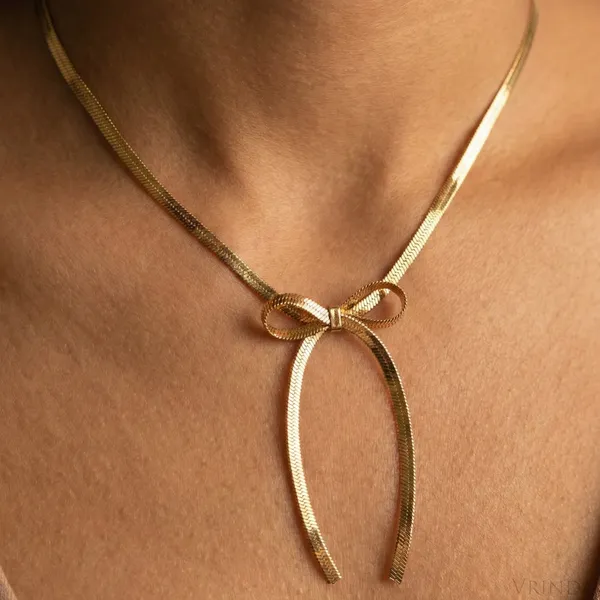 Gold_Plated_22_K_Bow_Ribbon_Necklace_For_Women