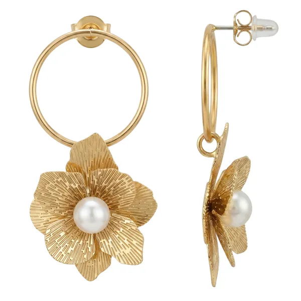 Gold_Plated_22_K_Floral_Hoop_Earrings_With_Pearl_Center