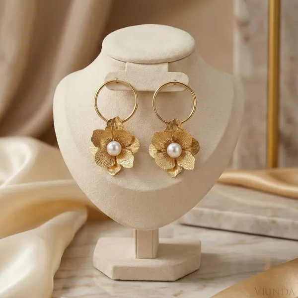 Gold_Plated_22_K_Floral_Hoop_Earrings_With_Pearl_Center