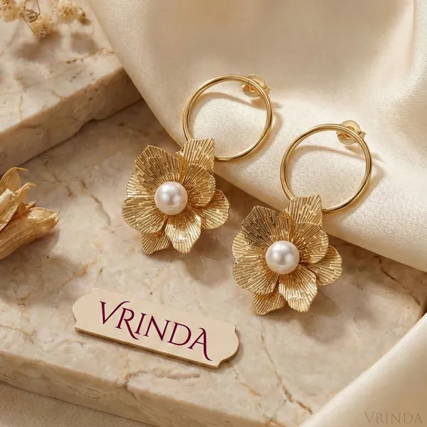 Gold_Plated_22_K_Floral_Hoop_Earrings_With_Pearl_Center