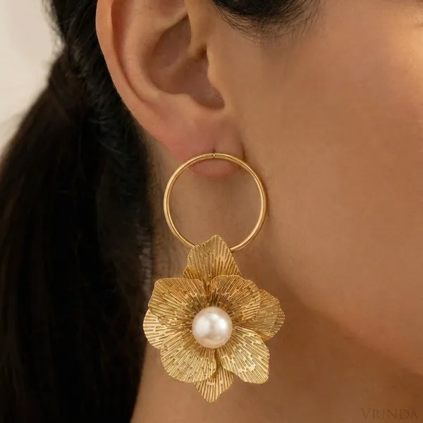 Gold_Plated_22_K_Floral_Hoop_Earrings_With_Pearl_Center