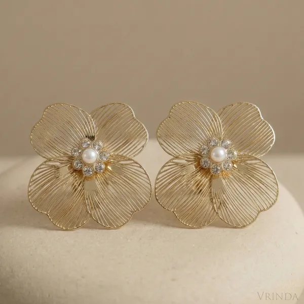 Gold_Plated_22_K_Steel_Filigree_Flower_Studs_With_Pearl_And_Crystal_Center