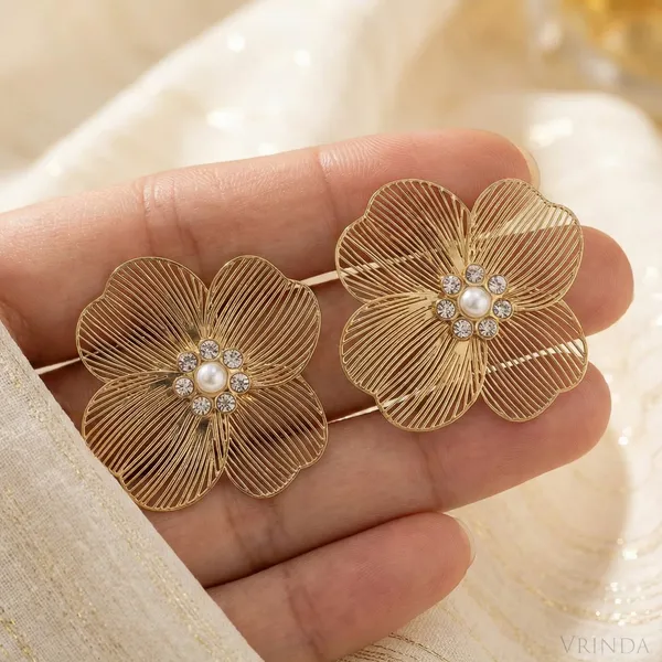 Gold_Plated_22_K_Steel_Filigree_Flower_Studs_With_Pearl_And_Crystal_Center