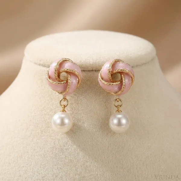 Gold_Plated_22_K_Pink_Enamel_Love_Knot_And_Pearl_Drop_Earrings