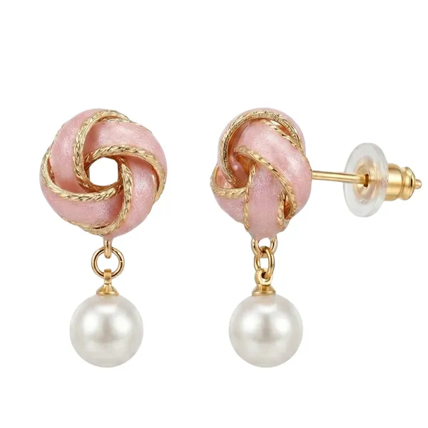 Gold_Plated_22_K_Pink_Enamel_Love_Knot_And_Pearl_Drop_Earrings