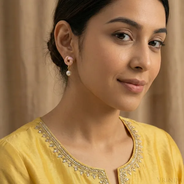 Gold_Plated_22_K_Pink_Enamel_Love_Knot_And_Pearl_Drop_Earrings