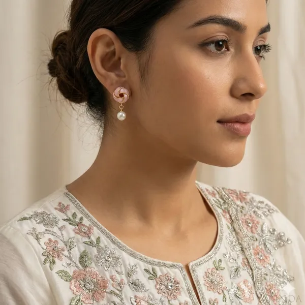 Gold_Plated_22_K_Pink_Enamel_Love_Knot_And_Pearl_Drop_Earrings