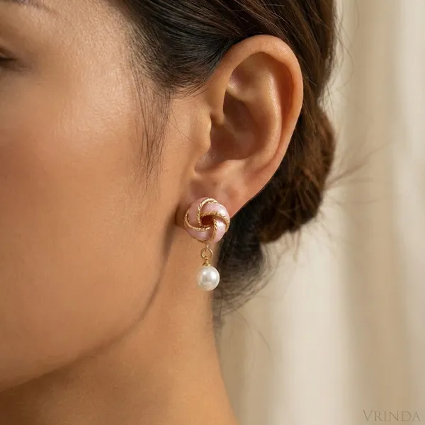 Gold_Plated_22_K_Pink_Enamel_Love_Knot_And_Pearl_Drop_Earrings