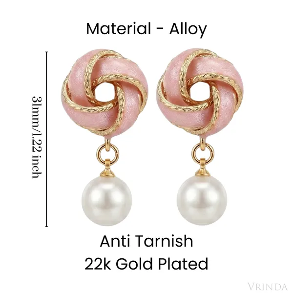 Gold_Plated_22_K_Pink_Enamel_Love_Knot_And_Pearl_Drop_Earrings