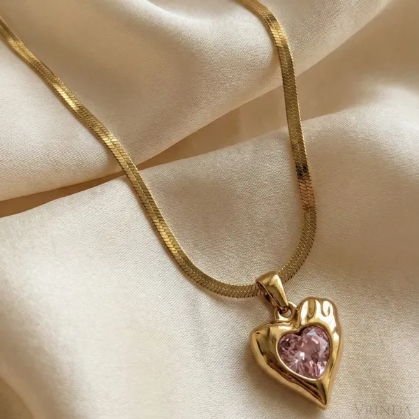 Gold_Plated_22_K_Pink_Crystal_Melted_Heart_Necklace_For_Women
