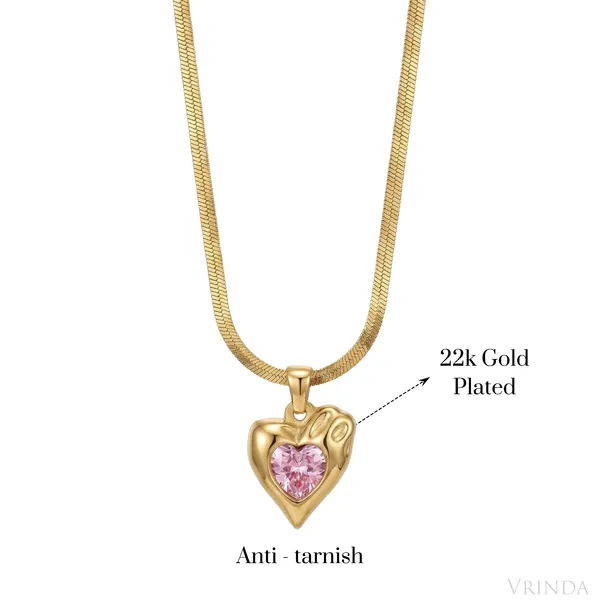 Gold_Plated_22_K_Pink_Crystal_Melted_Heart_Necklace_For_Women