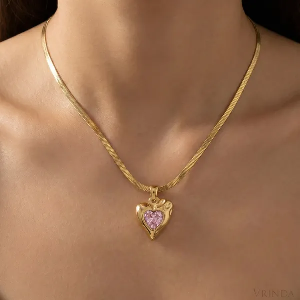 Gold_Plated_22_K_Pink_Crystal_Melted_Heart_Necklace_For_Women