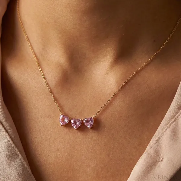 Gold_Plated_22_K_Triple_Pink_Heart_Necklace_For_Women
