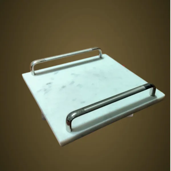 TR38_White_Marble_Tray_w/metal_Handles_8x8x1.50”
