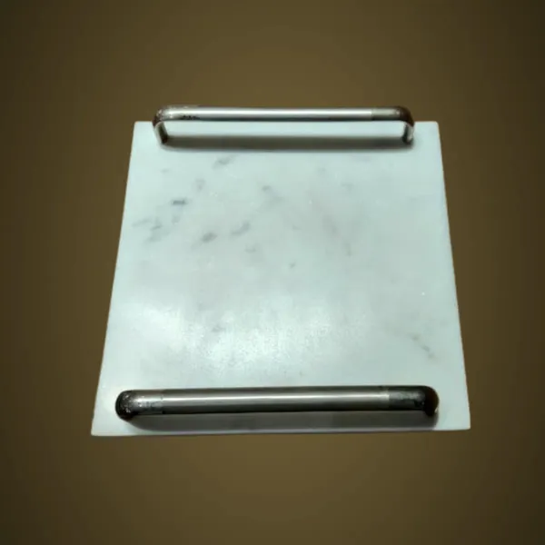 TR38_White_Marble_Tray_w/metal_Handles_8x8x1.50”