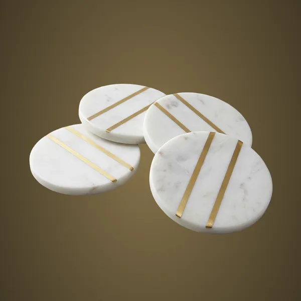 CS104_White_Marble_Coasters_w/brass_inlay_S/4