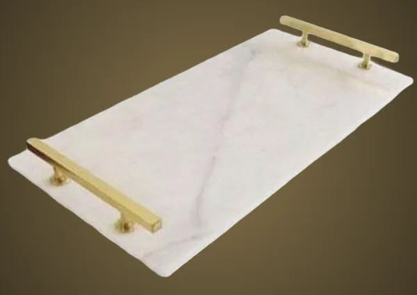 TR29_White_Marble_Tray_w/metal_handles_14x8”