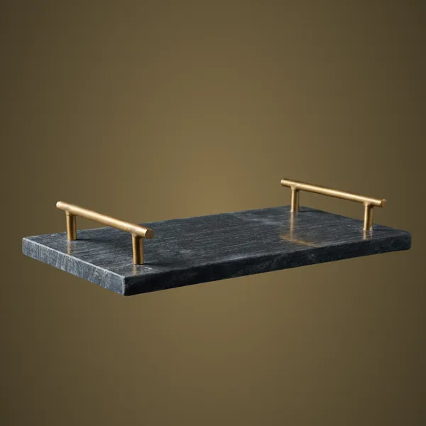 TR30_Black_Marble_Tray_w/metal_Handles_12x6”