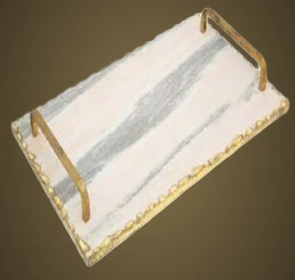 TR32_White_Marble_Tray_w/gold_foiling_&_metal_handles_12x6"