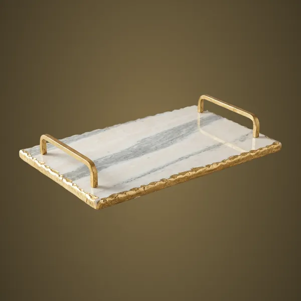 TR32_White_Marble_Tray_w/gold_foiling_&_metal_handles_12x6"