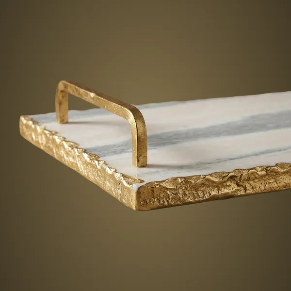TR32_White_Marble_Tray_w/gold_foiling_&_metal_handles_12x6"