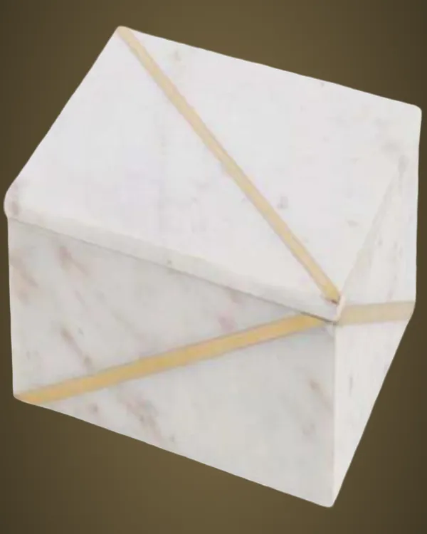 BX34_White_Marble_Box_w/brass_inlay_4”x4”x2”