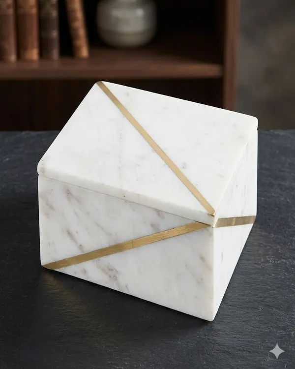 BX34_White_Marble_Box_w/brass_inlay_4”x4”x2”