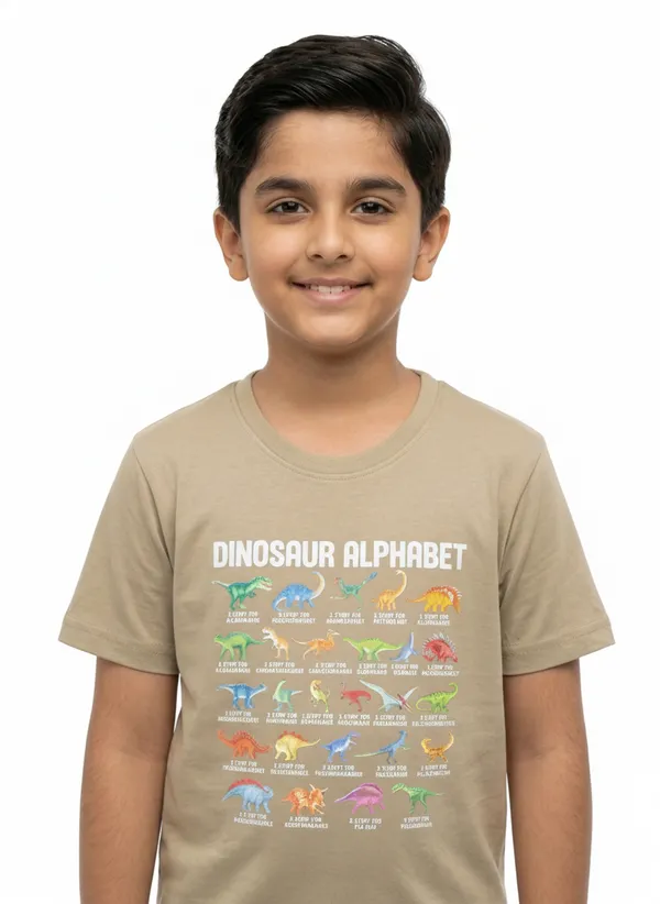 Beige_100%_Cotton_Graphic_Dtf_Print_Dinosaur_Alphabet_T_Shirt_For_Boys