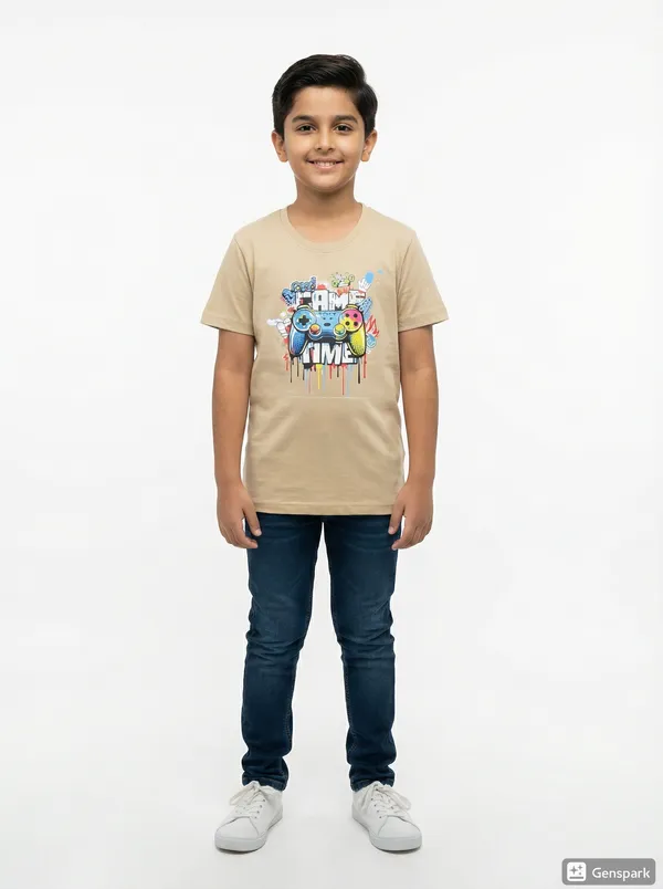 Beige-mano_Cotton_Game_Time_Graphic_Dtf__Print_T_Shirt_For_Boys