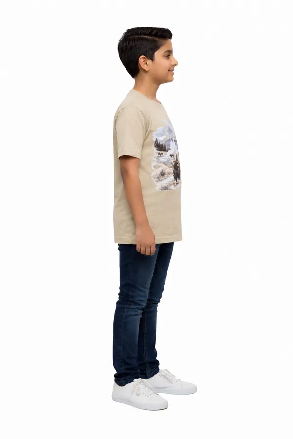 Beige_100%_Cotton_Bison_Wilderness_Graphic_Dtf__Print_T_Shirt_For_Boys