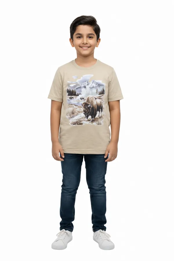 Beige_100%_Cotton_Bison_Wilderness_Graphic_Dtf__Print_T_Shirt_For_Boys