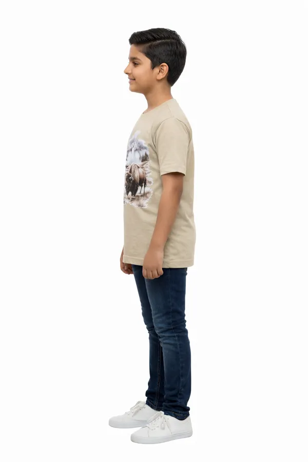 Beige_100%_Cotton_Bison_Wilderness_Graphic_Dtf__Print_T_Shirt_For_Boys