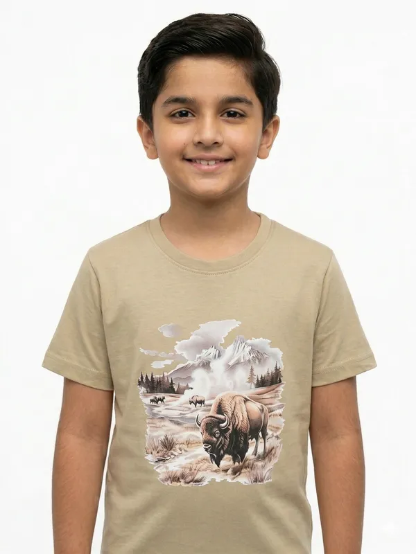 Beige_100%_Cotton_Bison_Wilderness_Graphic_Dtf__Print_T_Shirt_For_Boys