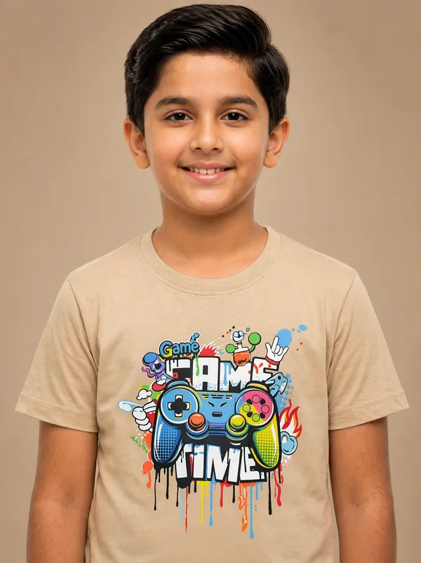 Beige-mano_Cotton_Game_Time_Graphic_Dtf__Print_T_Shirt_For_Boys
