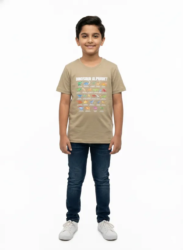 Beige_100%_Cotton_Graphic_Dtf_Print_Dinosaur_Alphabet_T_Shirt_For_Boys