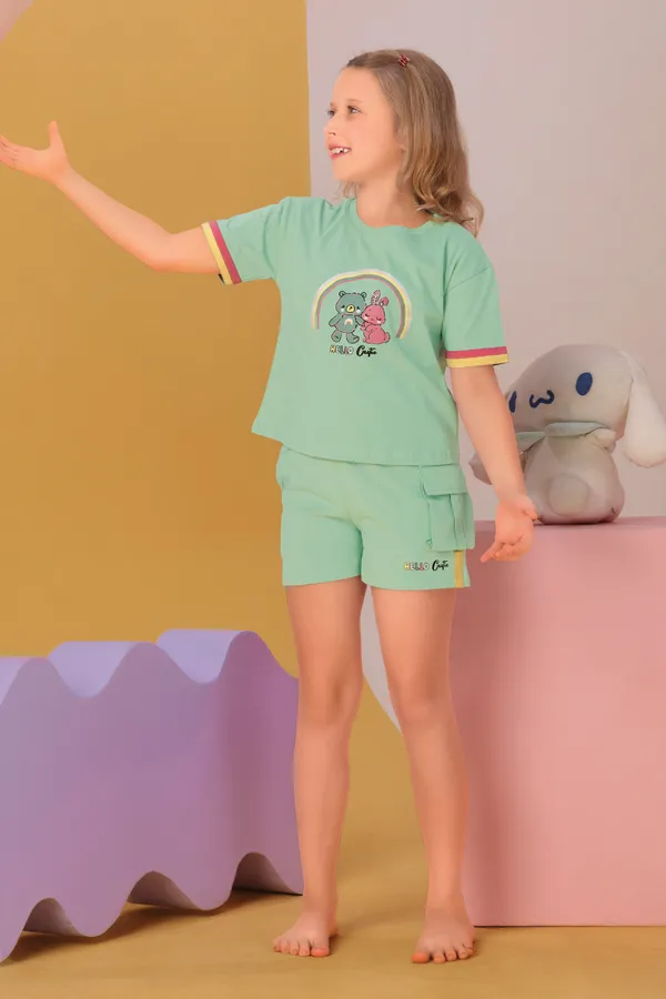 Teal_Bunny_And_Teddy_Shorts_Set_For_Girls