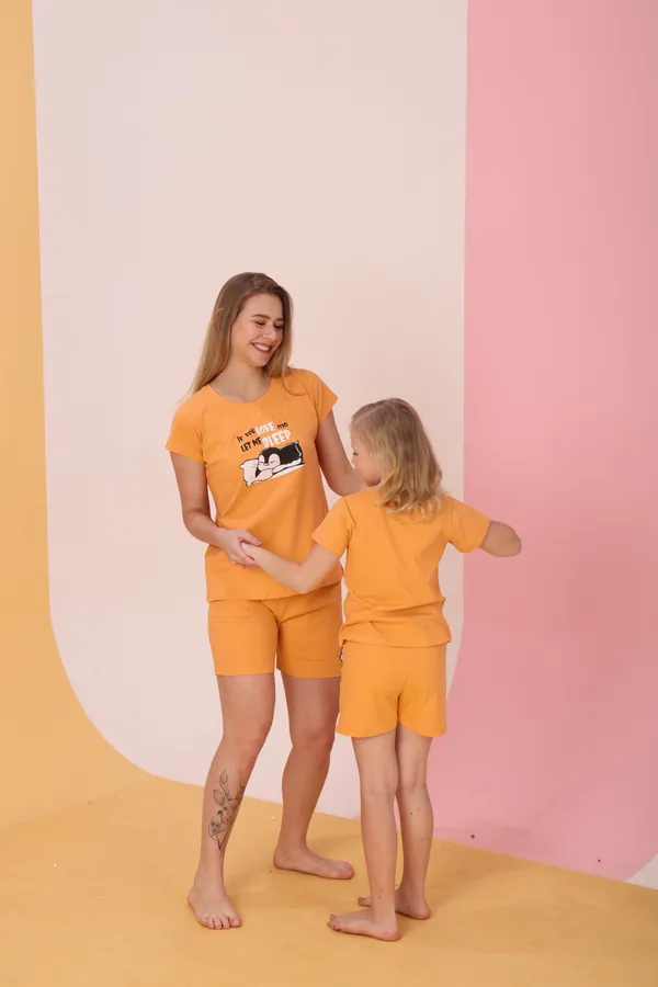 Orange_Cotton_Twinning_Top_Shorts_Set_For_Moms